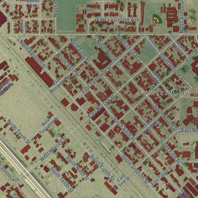 Close-up of the map of Fowler, California print showing street and building detail
