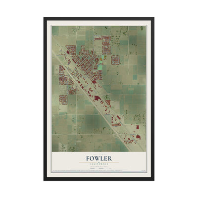 Map of Fowler, California, 12 x 18 inch print in a black wood frame
