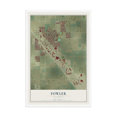 Map of Fowler, California, 12 x 18 inch print in a white wood frame