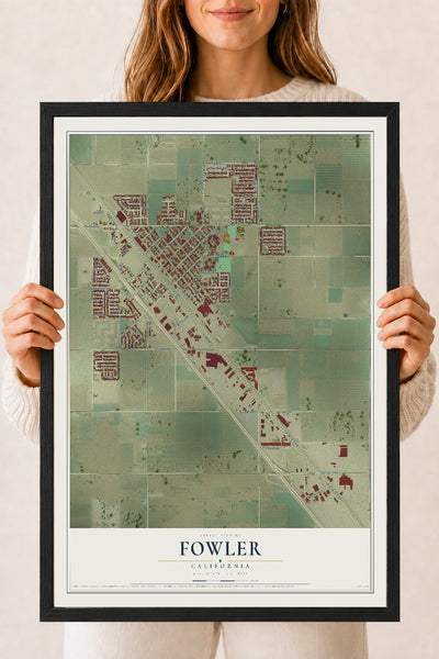 Map of Fowler, California, 18 x 24 inch print in a black wood frame