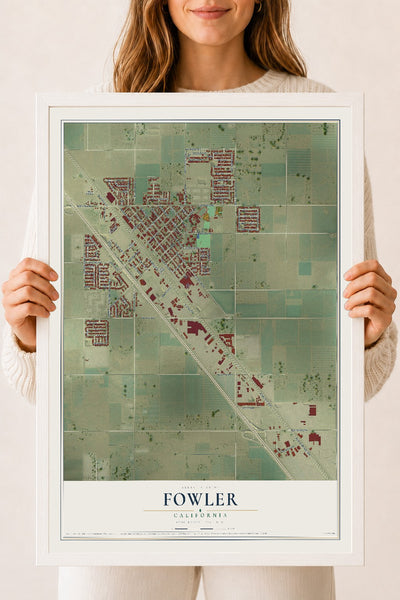 Map of Fowler, California, 18 x 24 inch print in a white wood frame