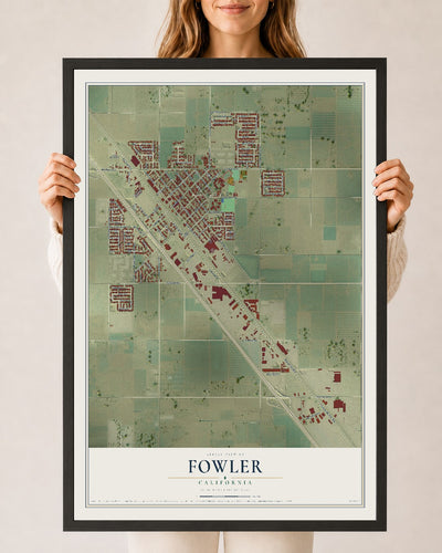 Map of Fowler, California, 24 x 36 inch print in a black wood frame