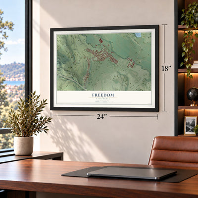 Freedom, California map, 18 x 24 inch print in a black frame in a home office