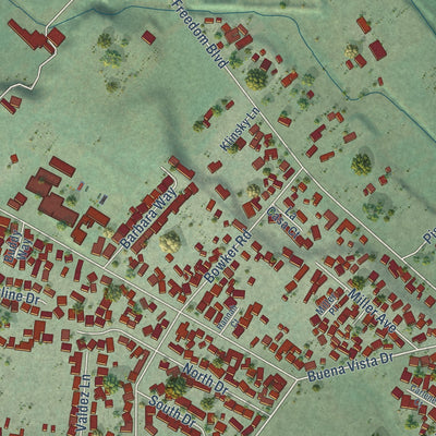 Close-up of the map of Freedom, California print showing street and building detail
