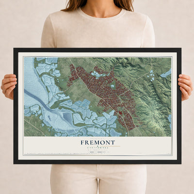 Map of Fremont, California, 12 x 18 inch print in a black wood frame