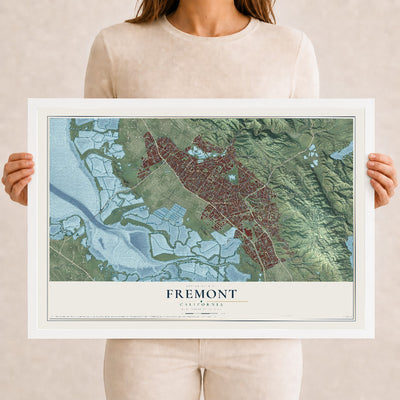 Map of Fremont, California, 12 x 18 inch print in a white wood frame