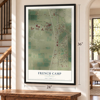 French Camp, California map, 24 x 36 inch print in a black frame by a staircase