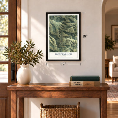French Gulch, California map, 12 x 18 inch print in a black frame in an entryway
