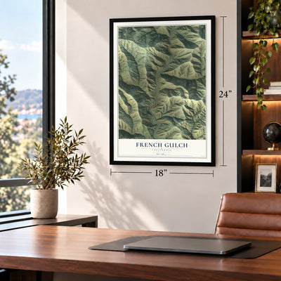 French Gulch, California map, 18 x 24 inch print in a black frame in a home office