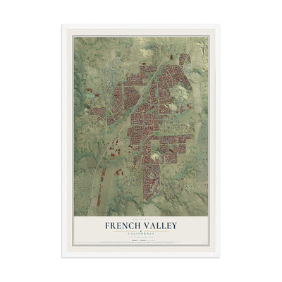 Map of French Valley, California, 12 x 18 inch print in a white wood frame