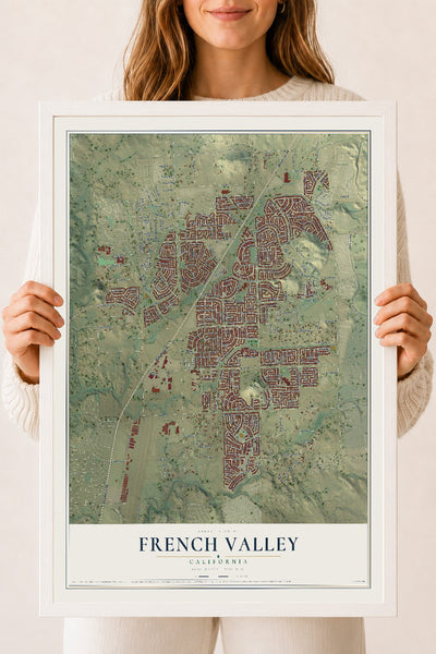 Map of French Valley, California, 18 x 24 inch print in a white wood frame