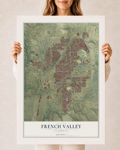 Map of French Valley, California, 24 x 36 inch print in a white wood frame