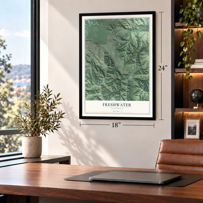 Freshwater, California map, 18 x 24 inch print in a black frame in a home office
