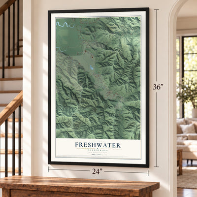 Freshwater, California map, 24 x 36 inch print in a black frame by a staircase