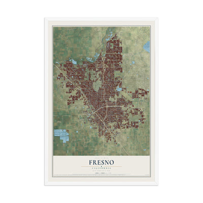 Map of Fresno, California, 12 x 18 inch print in a white wood frame