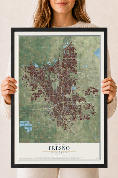 Map of Fresno, California, 18 x 24 inch print in a black wood frame