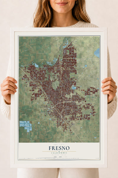 Map of Fresno, California, 18 x 24 inch print in a white wood frame