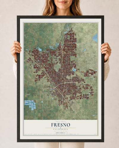 Map of Fresno, California, 24 x 36 inch print in a black wood frame