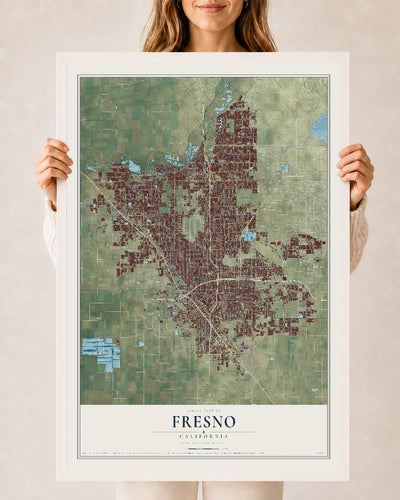 Map of Fresno, California, 24 x 36 inch print in a white wood frame