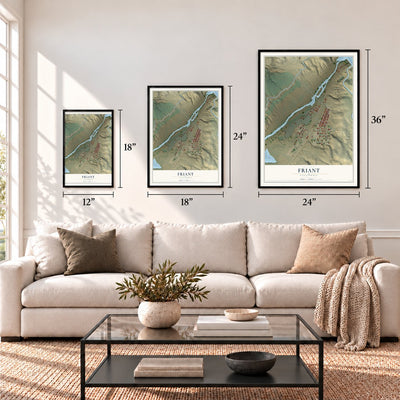 Friant, California map in 12 x 18, 18 x 24 and 24 x 36 inch sizes above a sofa