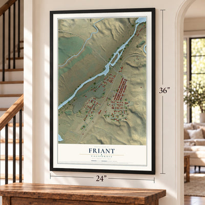 Friant, California map, 24 x 36 inch print in a black frame by a staircase