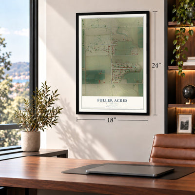 Fuller Acres, California map, 18 x 24 inch print in a black frame in a home office