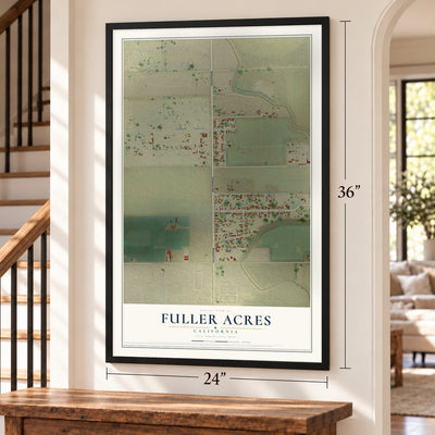 Fuller Acres, California map, 24 x 36 inch print in a black frame by a staircase