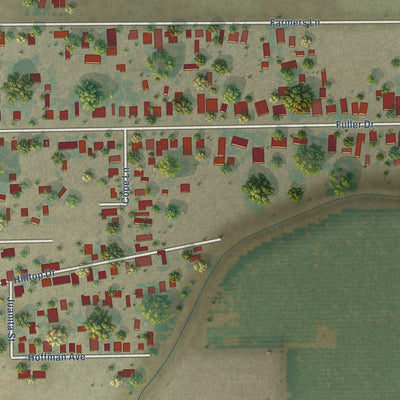 Close-up of the map of Fuller Acres, California print showing street and building detail