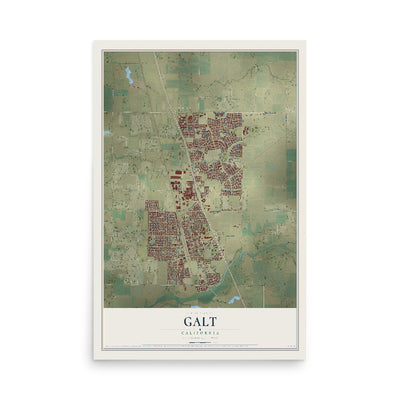 Map of Galt, California, 12 x 18 inch unframed archival matte print