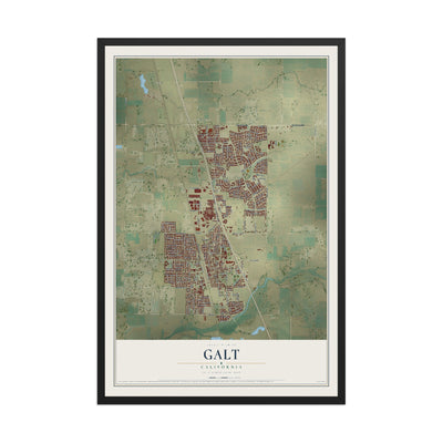Map of Galt, California, 12 x 18 inch print in a black wood frame