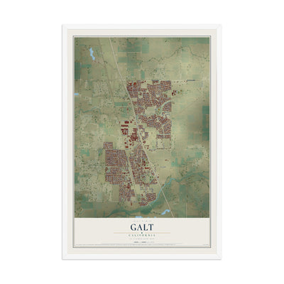 Map of Galt, California, 12 x 18 inch print in a white wood frame