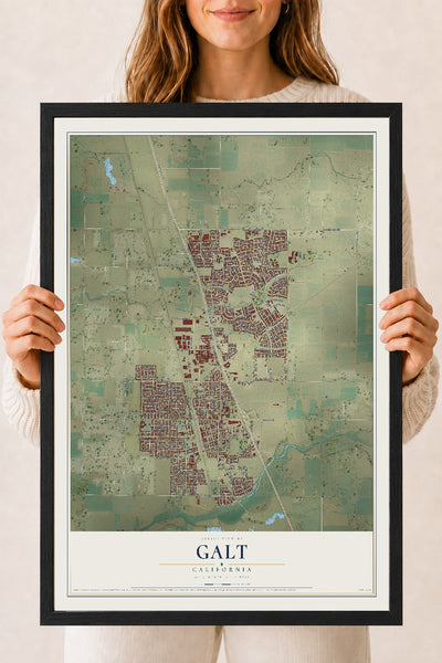 Map of Galt, California, 18 x 24 inch print in a black wood frame