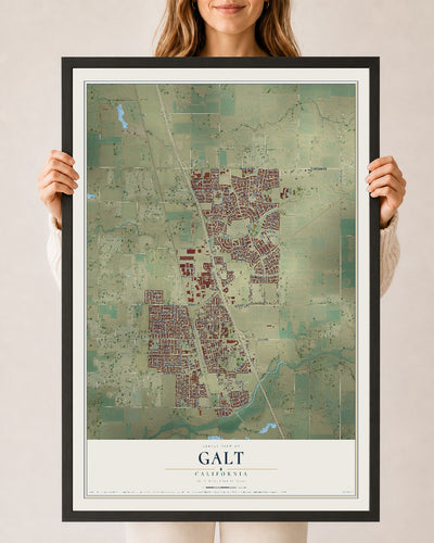 Map of Galt, California, 24 x 36 inch print in a black wood frame