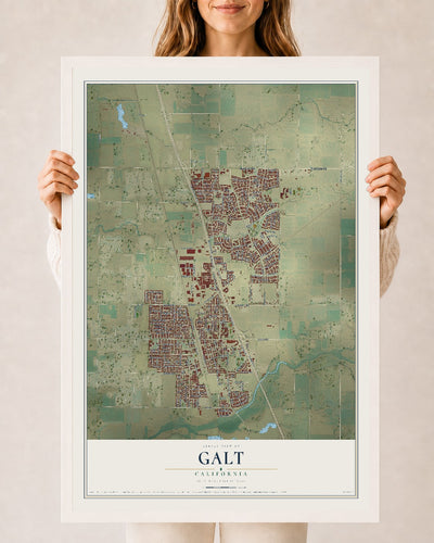 Map of Galt, California, 24 x 36 inch print in a white wood frame