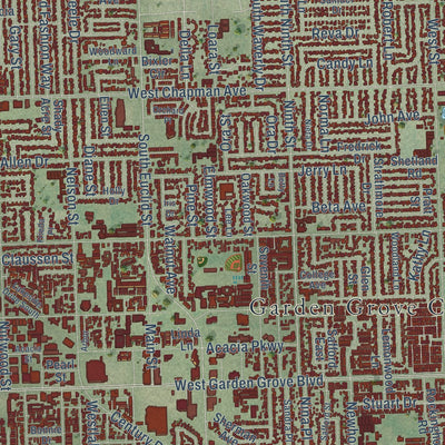 Close-up of the map of Garden Grove, California print showing street and building detail