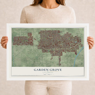 Map of Garden Grove, California, 12 x 18 inch print in a white wood frame