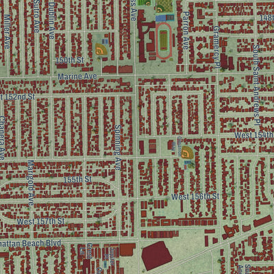 Close-up of the map of Gardena, California print showing street and building detail