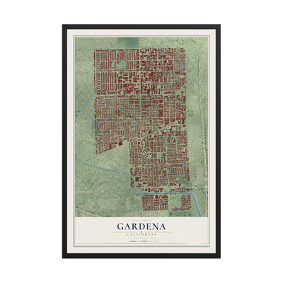 Map of Gardena, California, 12 x 18 inch print in a black wood frame