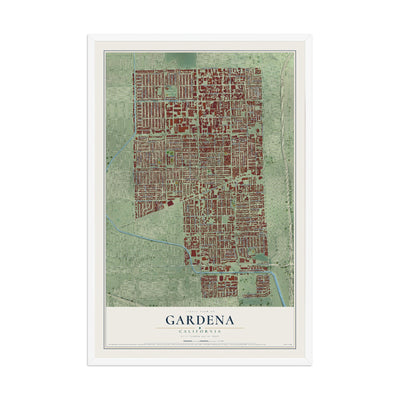 Map of Gardena, California, 12 x 18 inch print in a white wood frame