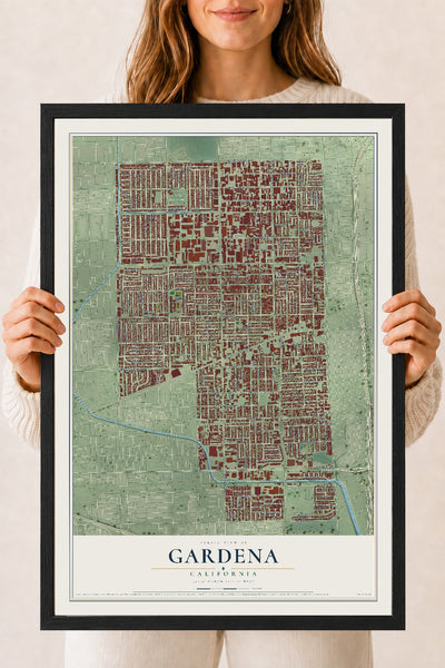 Map of Gardena, California, 18 x 24 inch print in a black wood frame