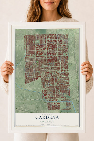 Map of Gardena, California, 18 x 24 inch print in a white wood frame