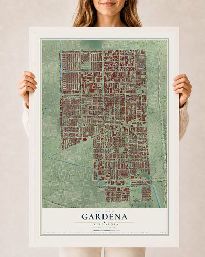 Map of Gardena, California, 24 x 36 inch print in a white wood frame