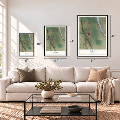 Garey, California map in 12 x 18, 18 x 24 and 24 x 36 inch sizes above a sofa