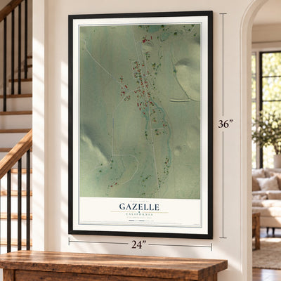 Gazelle, California map, 24 x 36 inch print in a black frame by a staircase