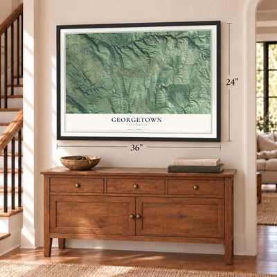 Georgetown, California map, 24 x 36 inch print in a black frame above a dresser by a staircase