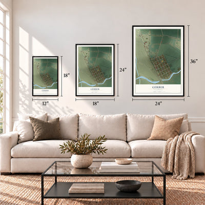 Gerber, California map in 12 x 18, 18 x 24 and 24 x 36 inch sizes above a sofa