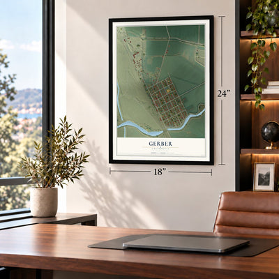 Gerber, California map, 18 x 24 inch print in a black frame in a home office