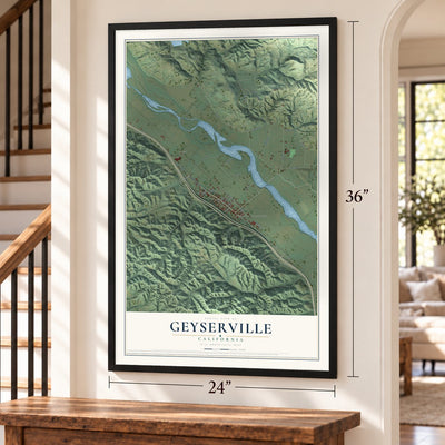 Geyserville, California map, 24 x 36 inch print in a black frame by a staircase