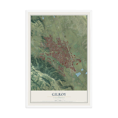 Map of Gilroy, California, 12 x 18 inch print in a white wood frame