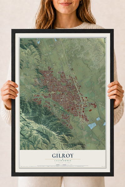 Map of Gilroy, California, 18 x 24 inch print in a black wood frame